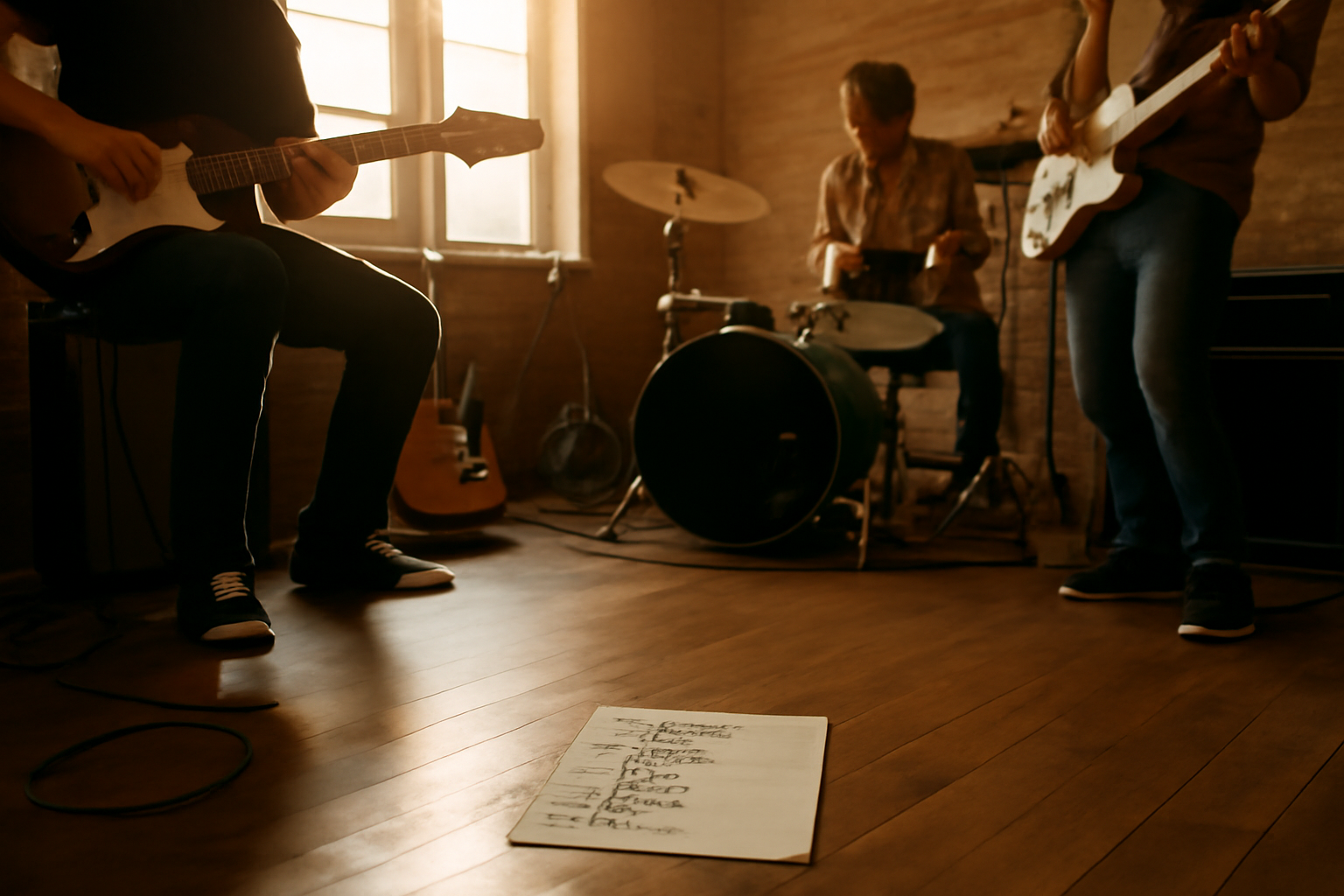 Band indie sedang latihan dengan daftar setlist tertulis di lantai studio