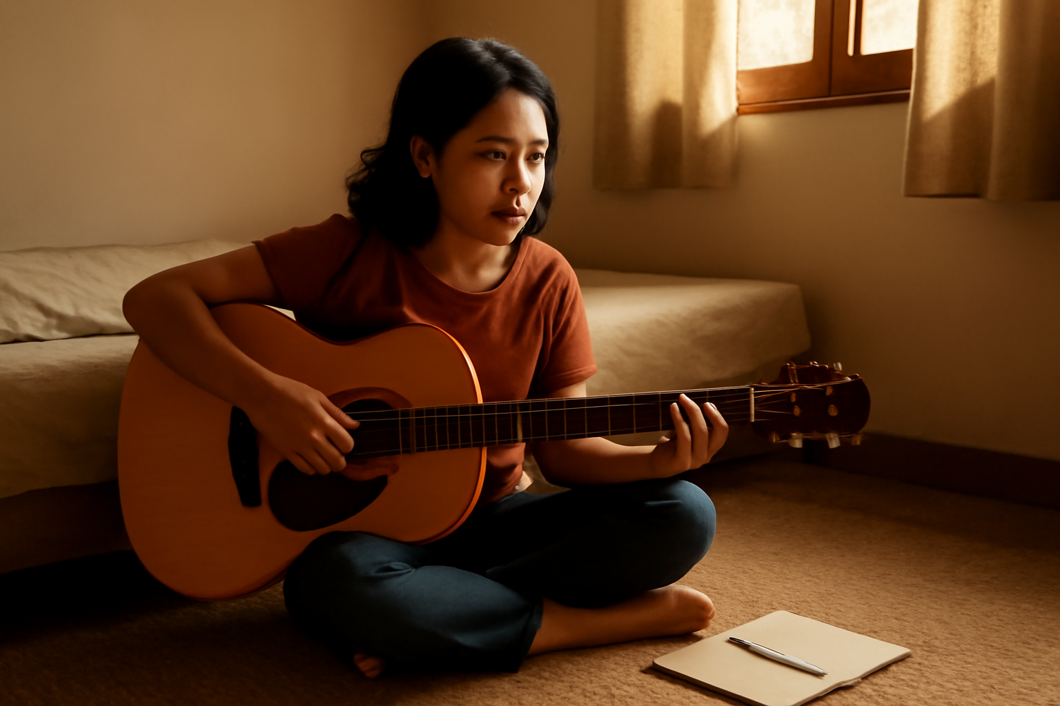 Pemuda menulis lagu indie di kamar dengan gitar akustik dan buku catatan