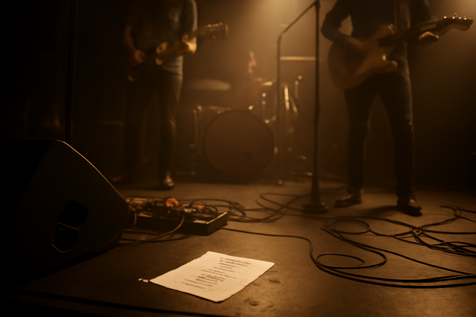 Setlist tercetak ditempel di lantai panggung dekat monitor saat band indie tampil
