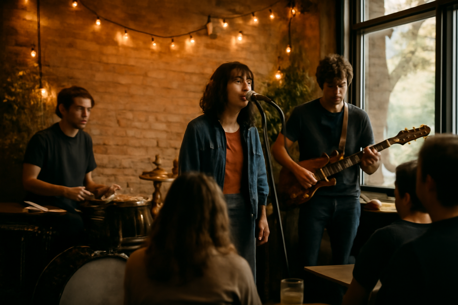 Band indie tampil di kafe dengan lampu hangat, penonton menyimak dari meja