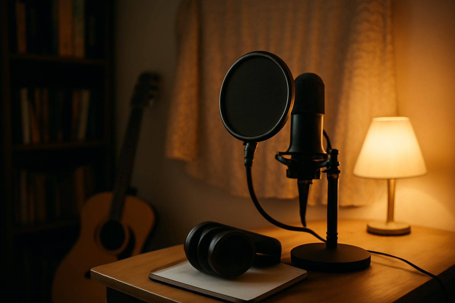 Setelan rekaman lagu indie di kamar dengan mikrofon condenser, gitar akustik, dan headphone tertutup