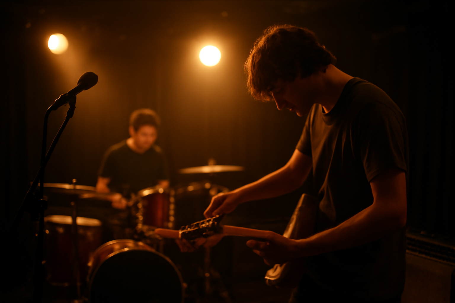 Band indie bersiap di atas panggung kecil sebelum tampil dengan lampu panggung hangat