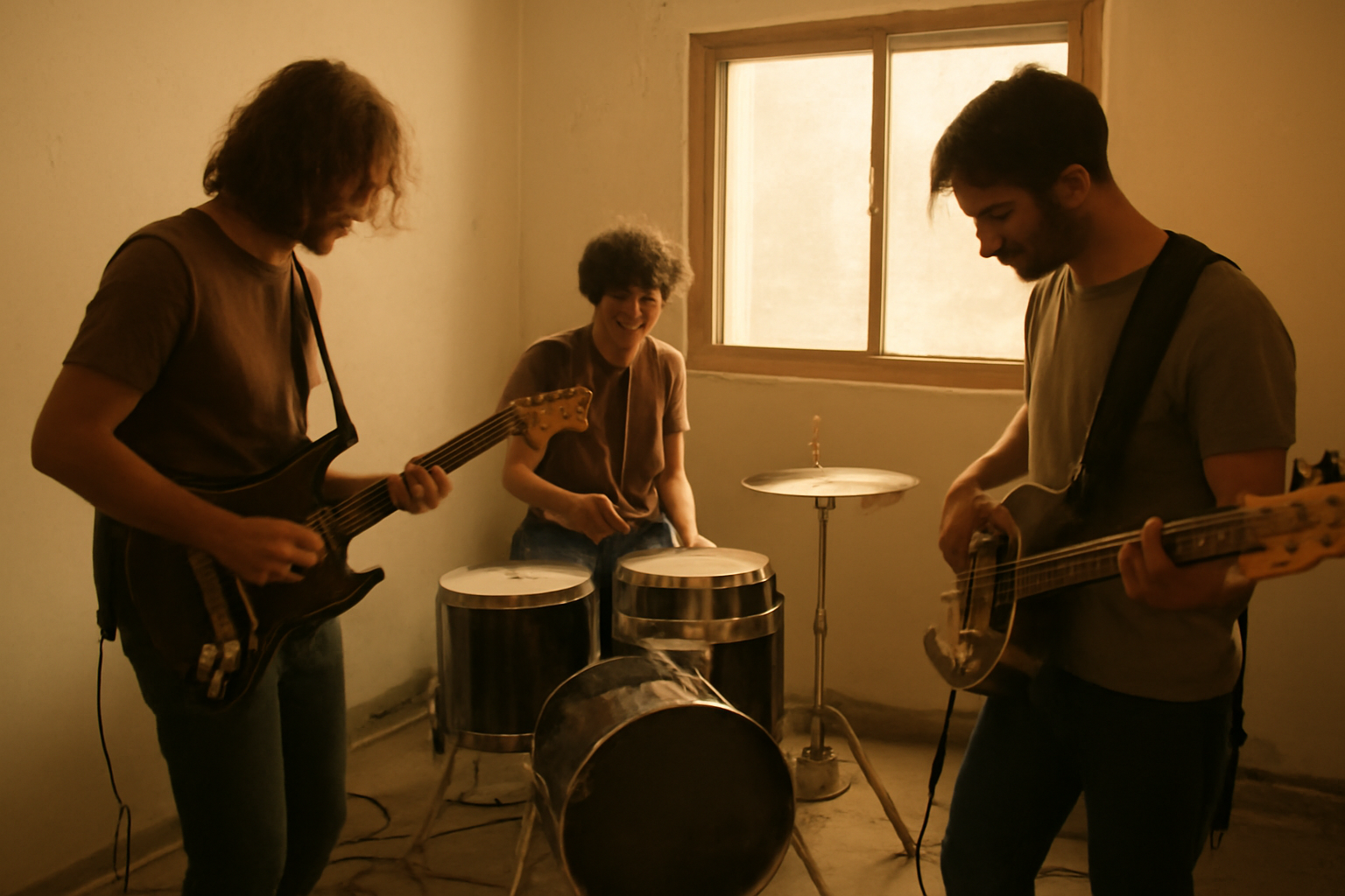 Tiga musisi band indie berlatih bersama di ruang latihan kecil dengan gitar, bass, dan drum