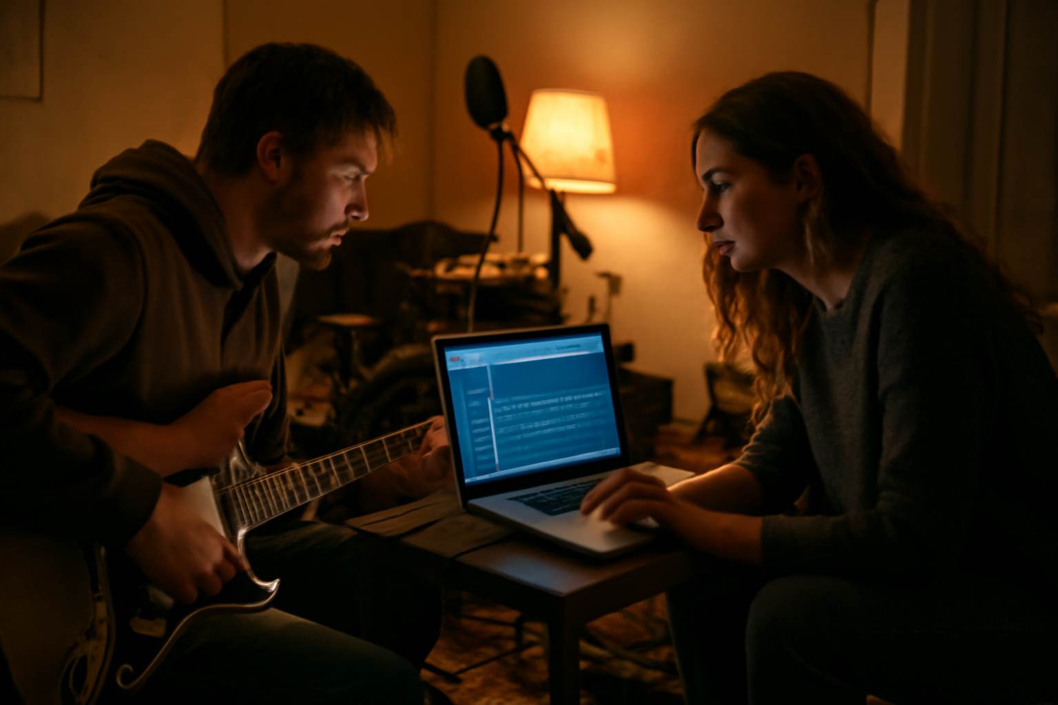 Band indie sedang meninjau hasil rekaman di studio kamar untuk menentukan format rilisan single