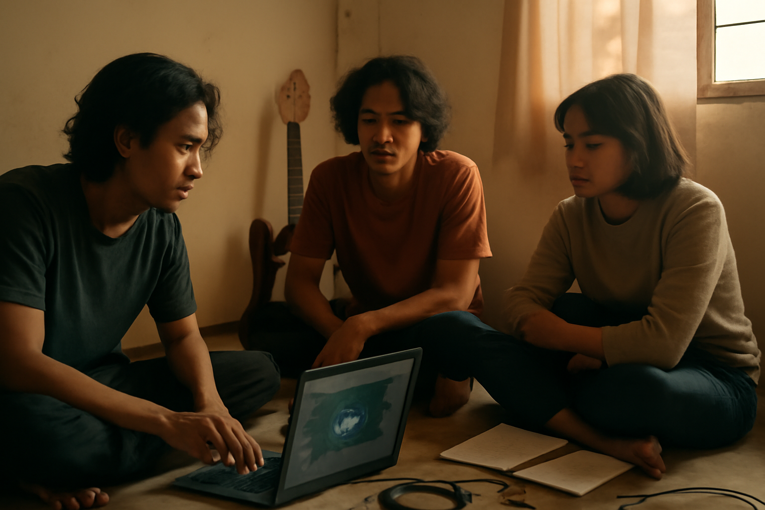 Tiga personel band indie berdiskusi di studio kamar sambil membuka laptop untuk merilis single