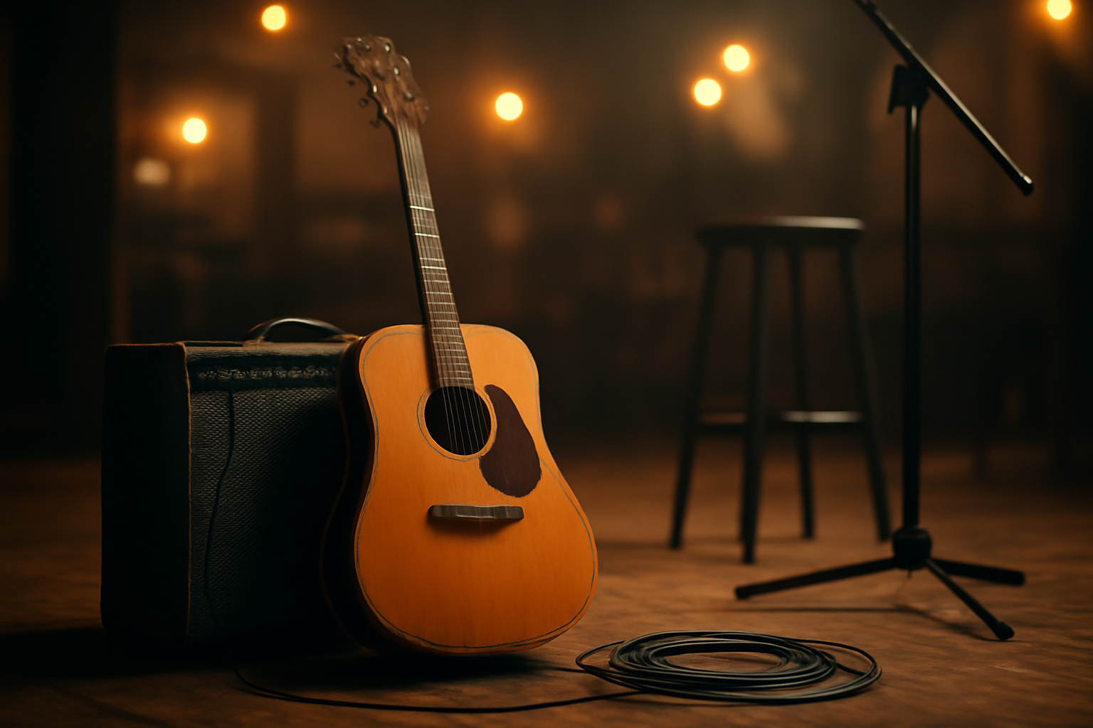 Gitar akustik dan amplifier di panggung kecil kedai kopi sebelum penampilan musisi indie