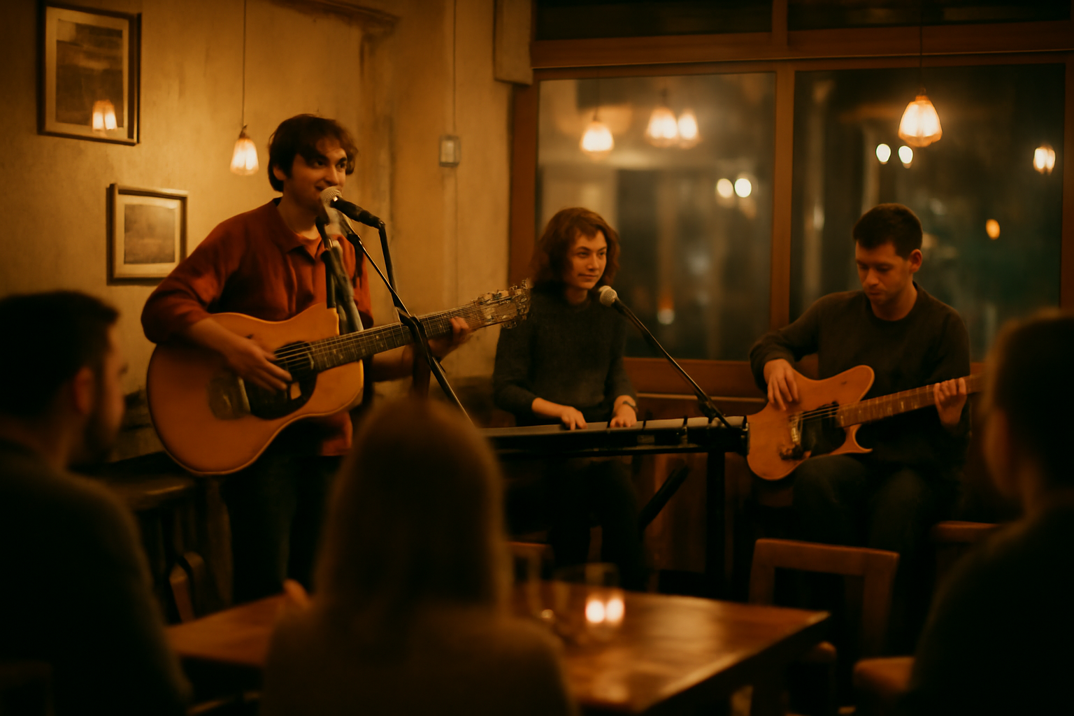 Band indie tampil di kafe dengan lampu hangat dan penonton duduk